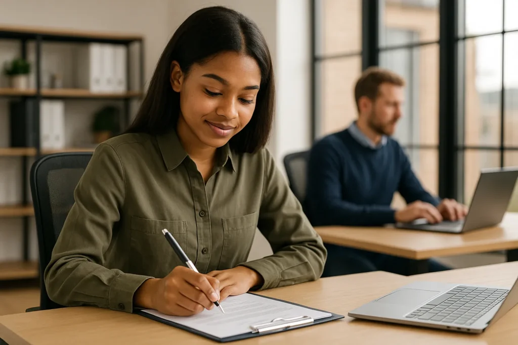 Intern writing notes during mentorship in modern office