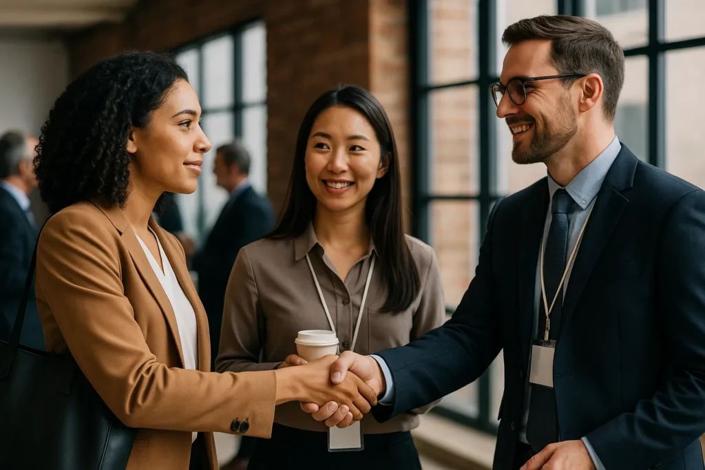 Professionals networking and shaking hands at modern event