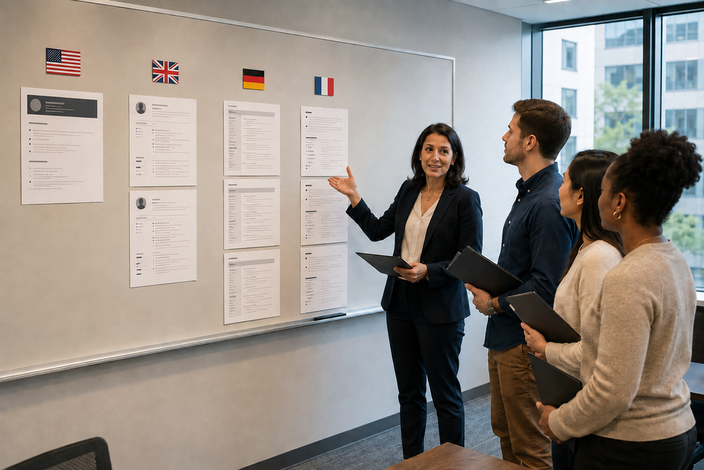 Job seekers comparing CV formats across countries